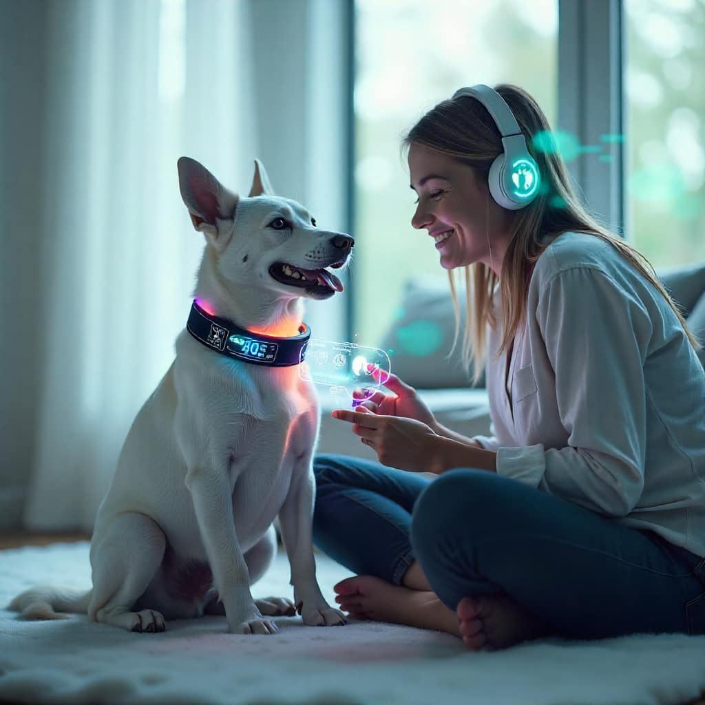 "Happy dog wearing a futuristic smart collar that tracks health and reduces pet insurance premiums in 2025"