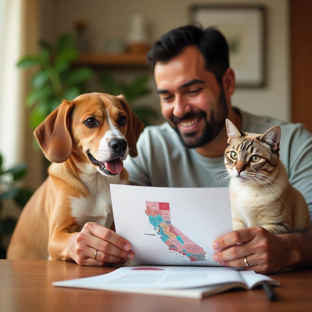 "Pet owner holding insurance documents with happy dog and cat, representing California’s new pet insurance law 2025 protection."