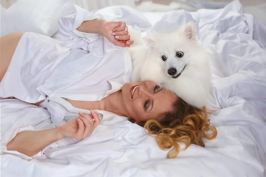 Happy woman in white shirt with fluffy dog on a cozy bed. Perfect for lifestyle concepts.