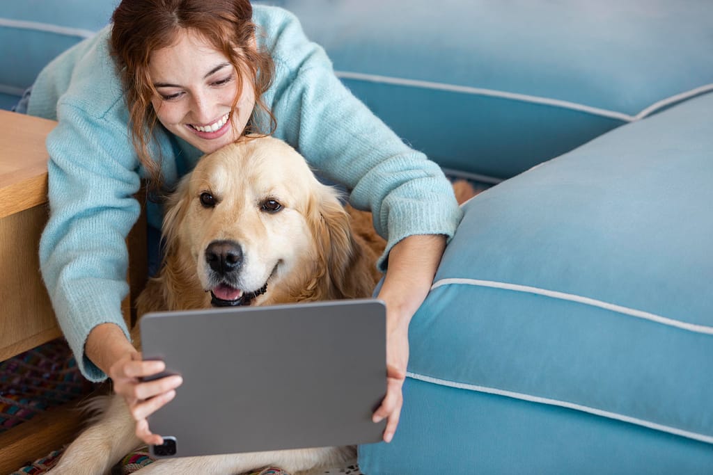 “Pet owner reviewing monthly health stats with AI insurance tool”

