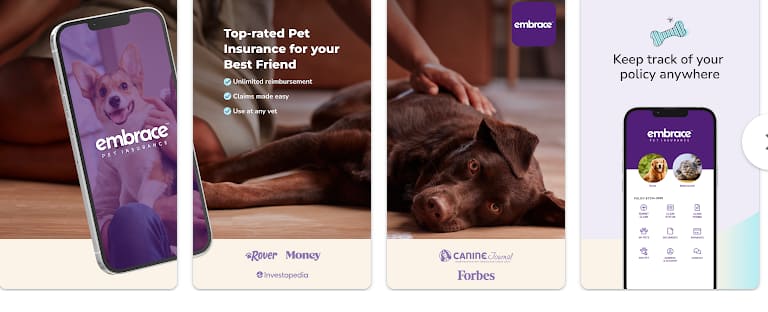 Pet insurance mobile app claim submission screen"