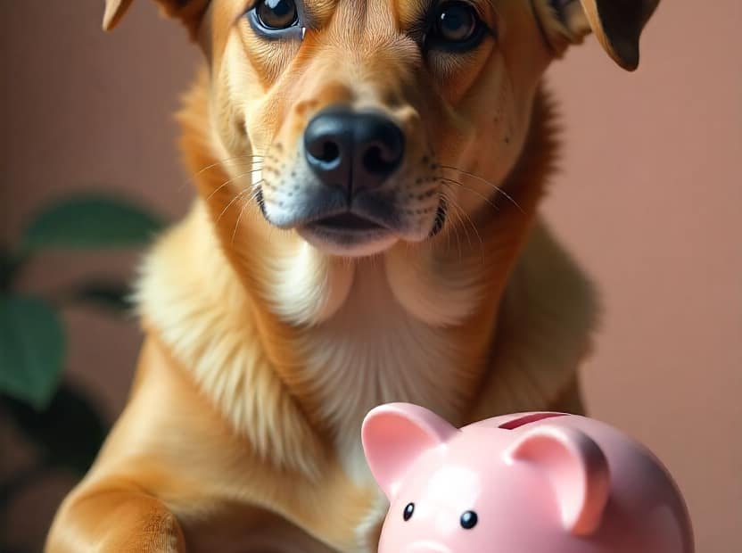 Dog with calculator and piggy bank, comparing savings and insurance