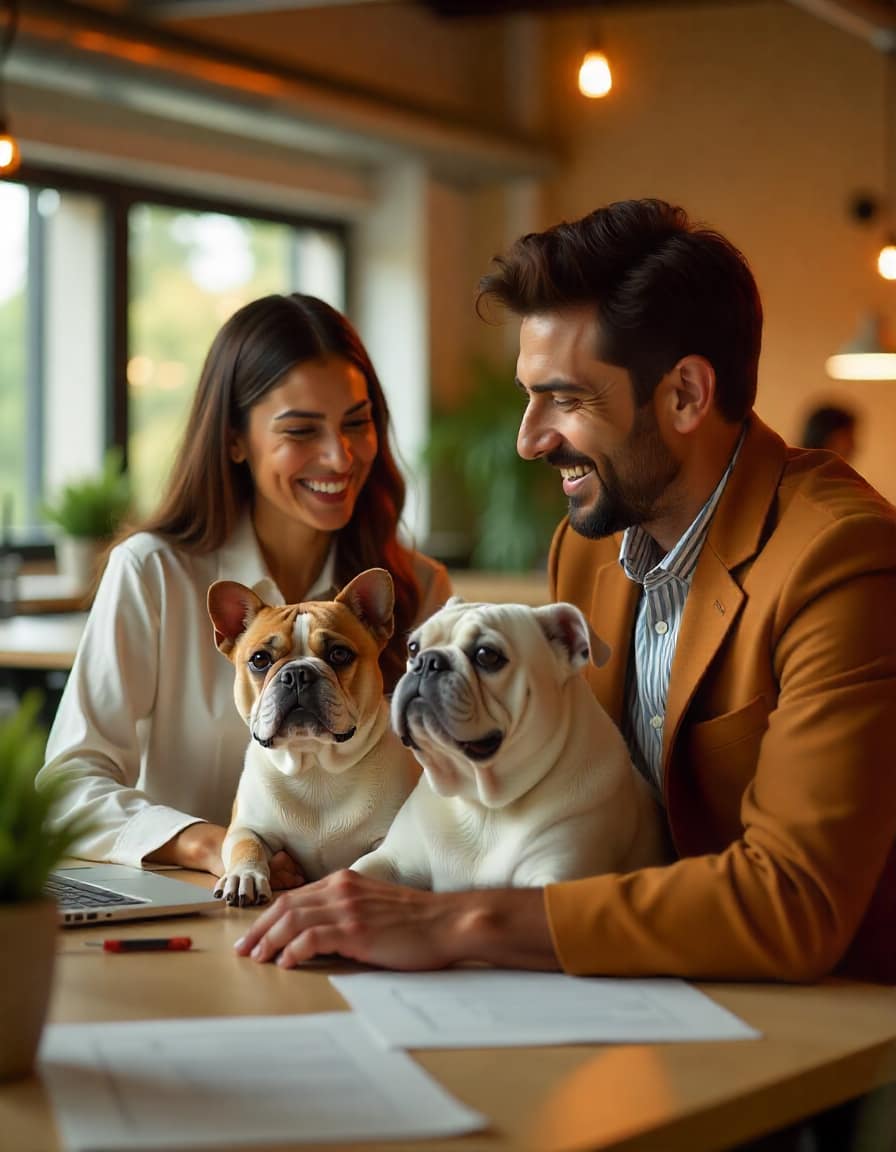Happy employees working in a modern office with dogs, symbolizing workplace pet insurance benefits in 2025.