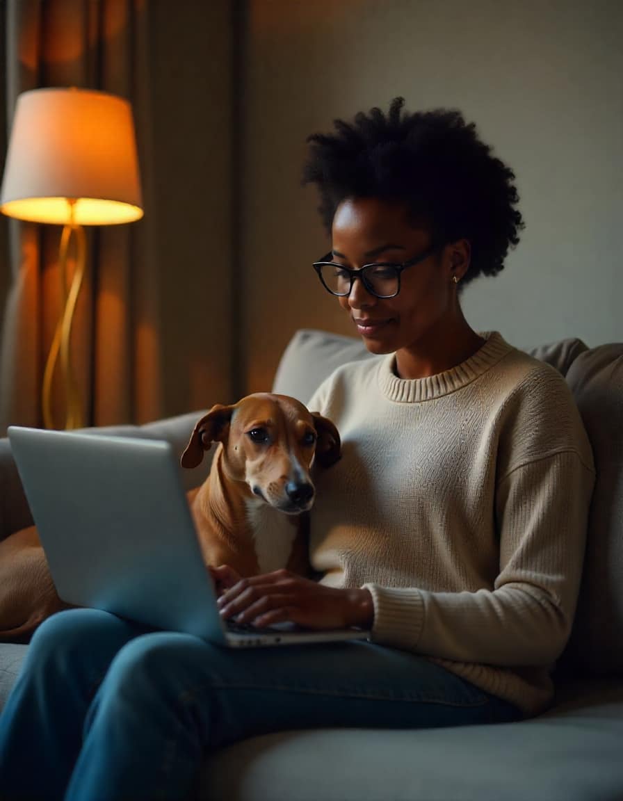 . Dog owner reviewing pet insurance policy with a laptop, highlighting ways to save money on premiums in 2025