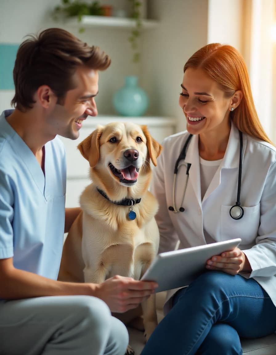 Happy dog owner comforting their dog during a vet visit in 2025