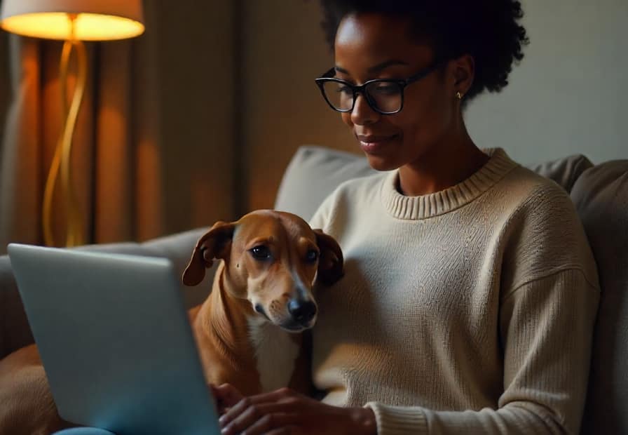 . Dog owner reviewing pet insurance policy with a laptop, highlighting ways to save money on premiums in 2025