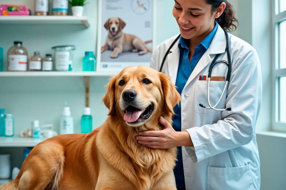 Happy golden retriever at vet representing monthly pet insurance checkups